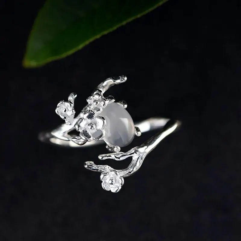 SNew silver original design inlaid moonlight white chalcedony plum opening adjustable women's ring to send a friend gift - Image 4