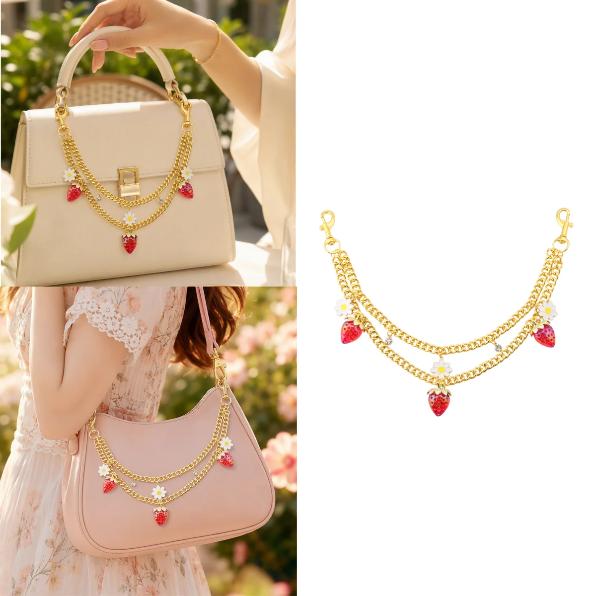 Cherry Blossom And Strawberry Bag Pendant Keychain Fruit Backpack Charm Accessory Handbag Extension Chain Diy Accessory Gift