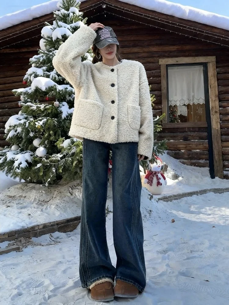 

Ретро синие джинсы Fce Lined Thi Wide Leg Denim Jeans Женские осенне-зимние новые большие размеры для похудения с высокой талией Hip Floor Le...