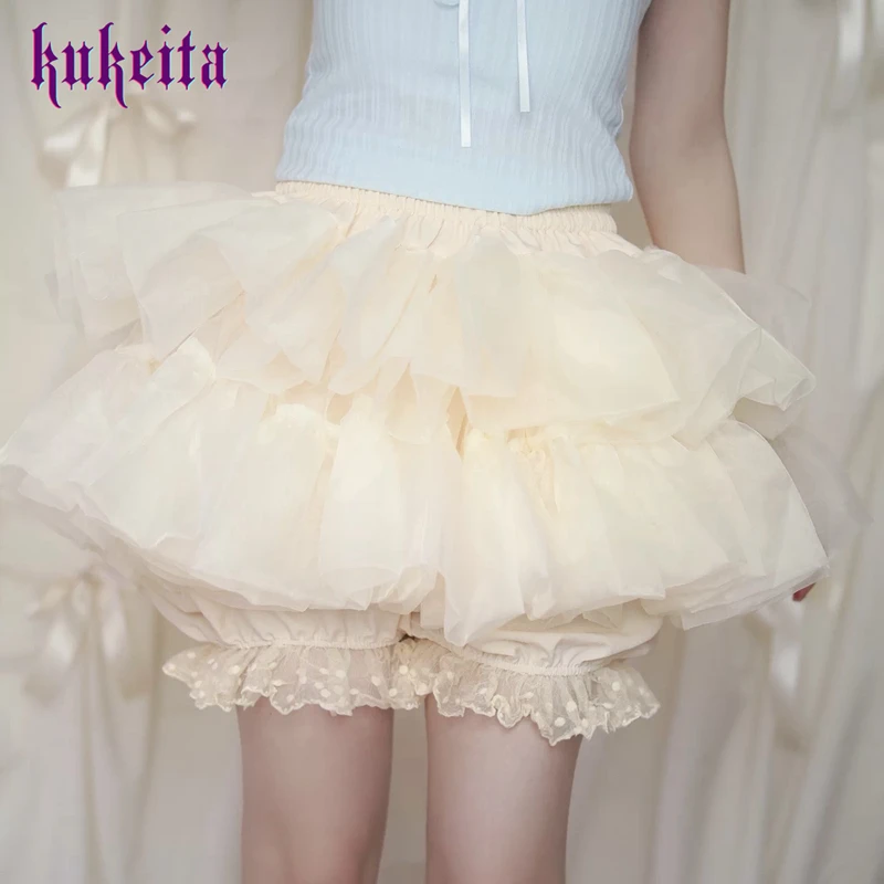 

Japanese Style Kawaii Lolita Safety Shorts Women Mesh Lace Ruffles Bloomers Cute Girls Y2k JK Sweet Ball Gown Short Pants Skirt