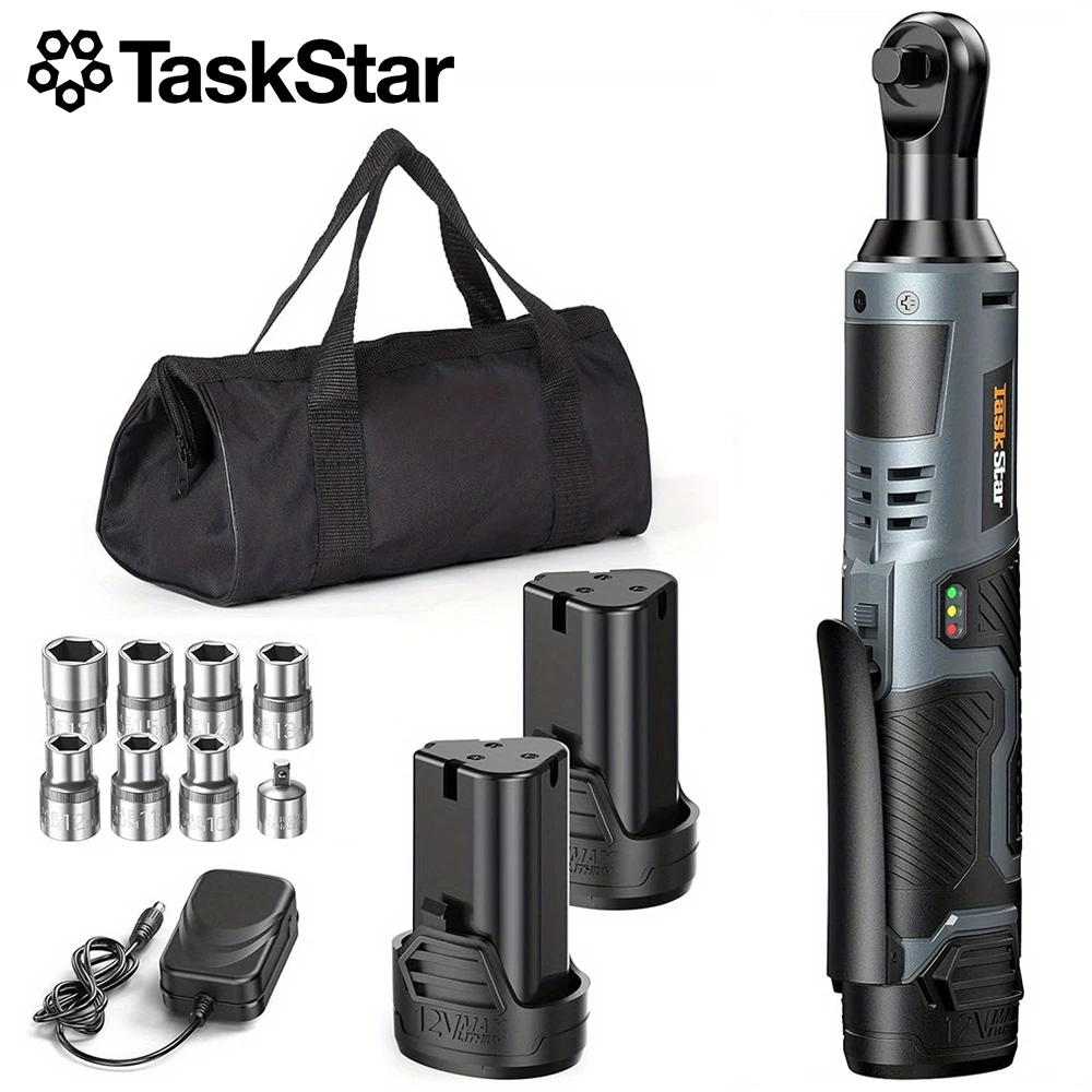TaskStar Cordless Ratchet Wrench Kit 3/8-inch Ratchet 40N.m(max) Electric Power Angle Wrench with Variable Speed Trigger 0-200 RPM, Handheld Car Disassembly Tool with 2 Packs 2000mAh Lithium-Ion Battery&1 Charger&7 Sockets