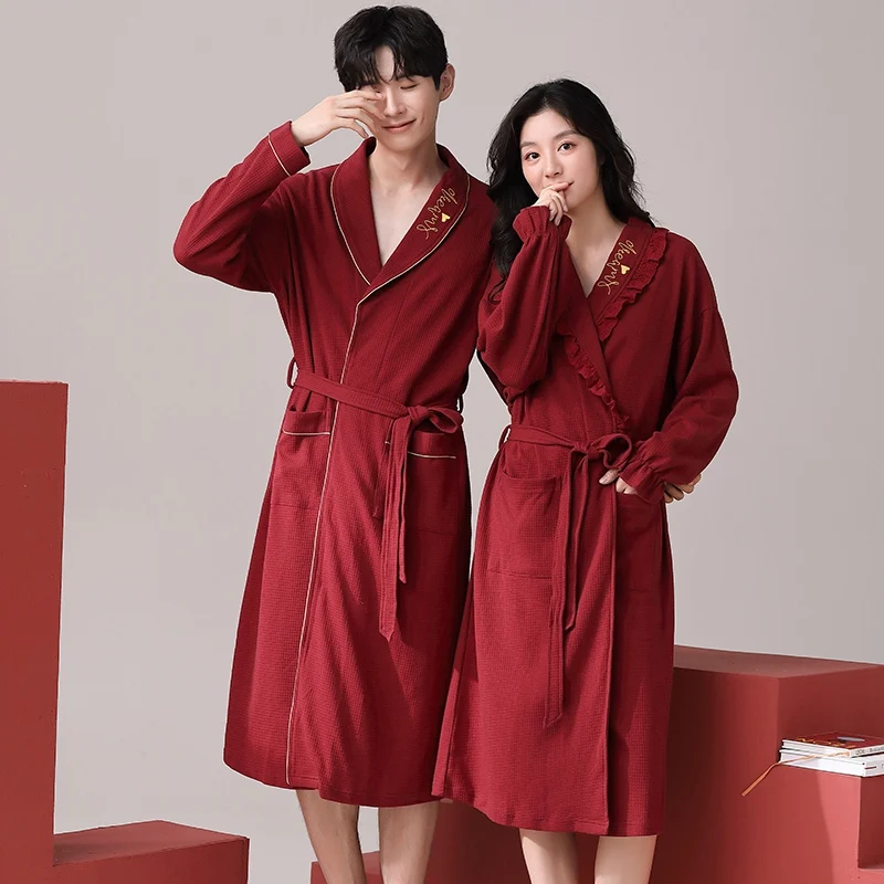 

2024 Autumn Couple Long Sleeve 100% Cotton Kimono Robes for Men High Quality Soft Sleepwear Bathrobe Women Homewear Home Clothes