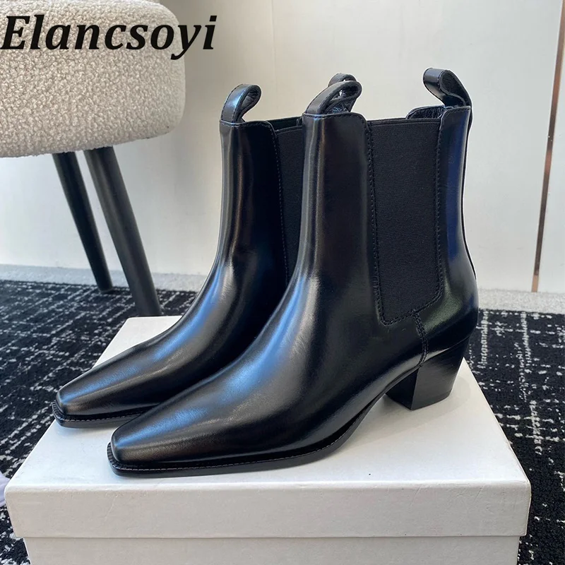 

Autumn Winter Genuine Leather Square Toe Short Boots Women Elastic Bands British Style Ankle Botas Fashionable Chelsea Boots