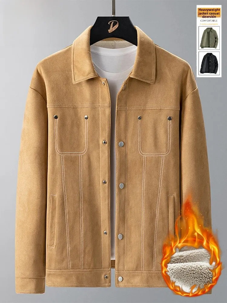 

Men's Suede Jaet Thiened Fce Collar Coat Spring Autumn Winter Faion Trend Outerwear Youth Sle Button Decoration