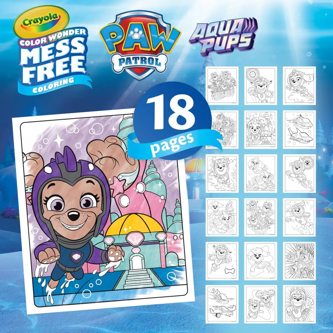 Crayola Color Wonder Paw Patrol Aqua Pups Coloring Set, 18 Color Wonder Pages, 5 Mess Free Markers, Toddler Coloring,