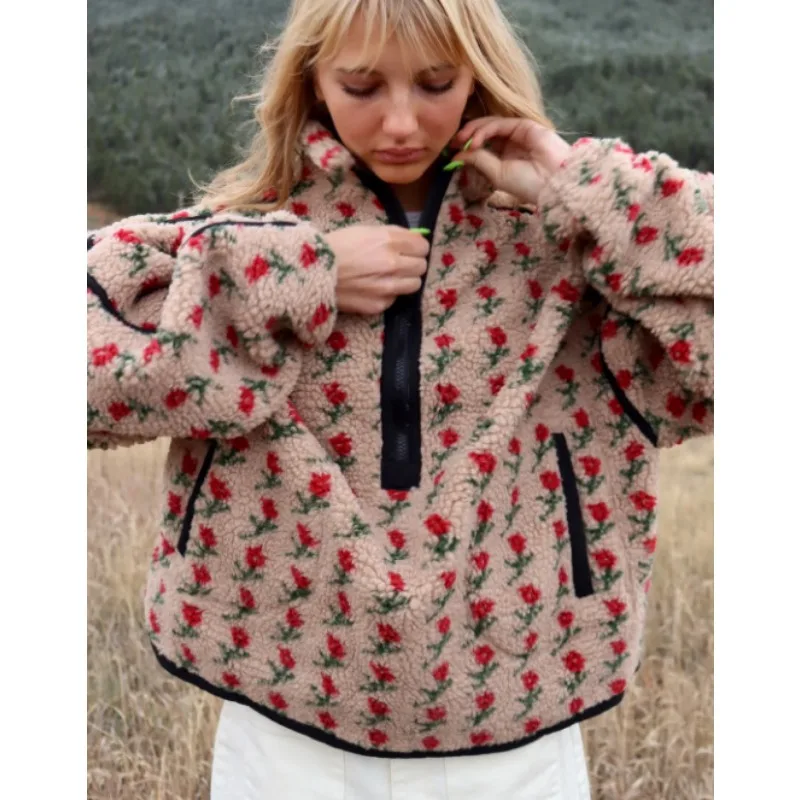 Women's Clothing New Fleece Fashion Coats Flower Print Fleece Sweatshirts Loose Coats Winter Patchwork Pullover Long-sleeved Top