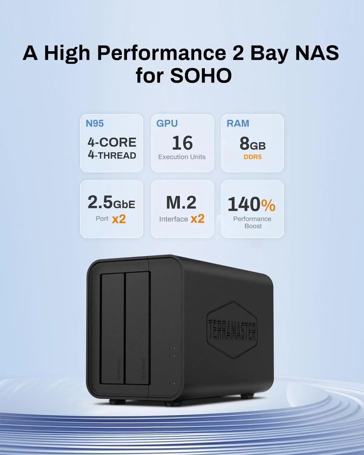 TERRAMASTER F2-424 NAS Storage 2Bay - N95 Quad-Core CPU, 8GB DDR5 RAM, 2.5GbE Port x 2, Network Attached Storage (Diskless)