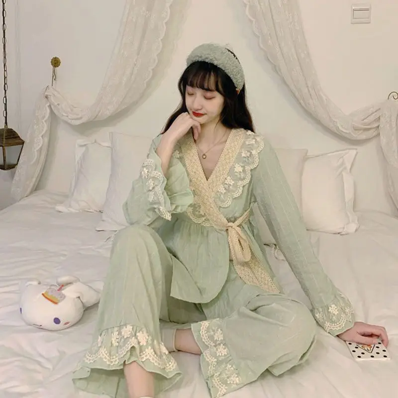 Pajama Sets Women Princess Sweet Lace Chic Lace-up Sleepwear for Girls Korean Fashion Autumn New Pajamas Aesthetic Home Clothing