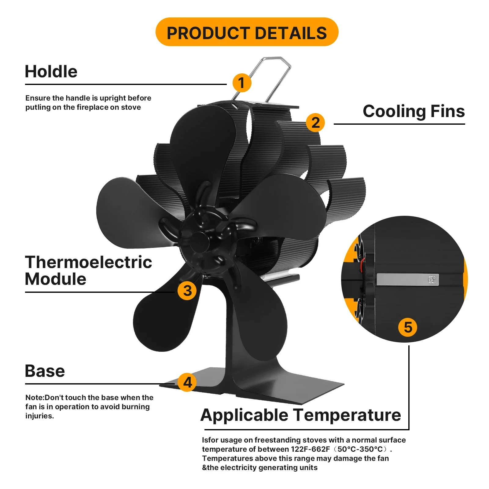 SALE Upgrade 5 Blade Black Fireplace Heat Powered Stove Fan Log Wood Burner Eco Quiet Fan Home Efficient Heat Distribution