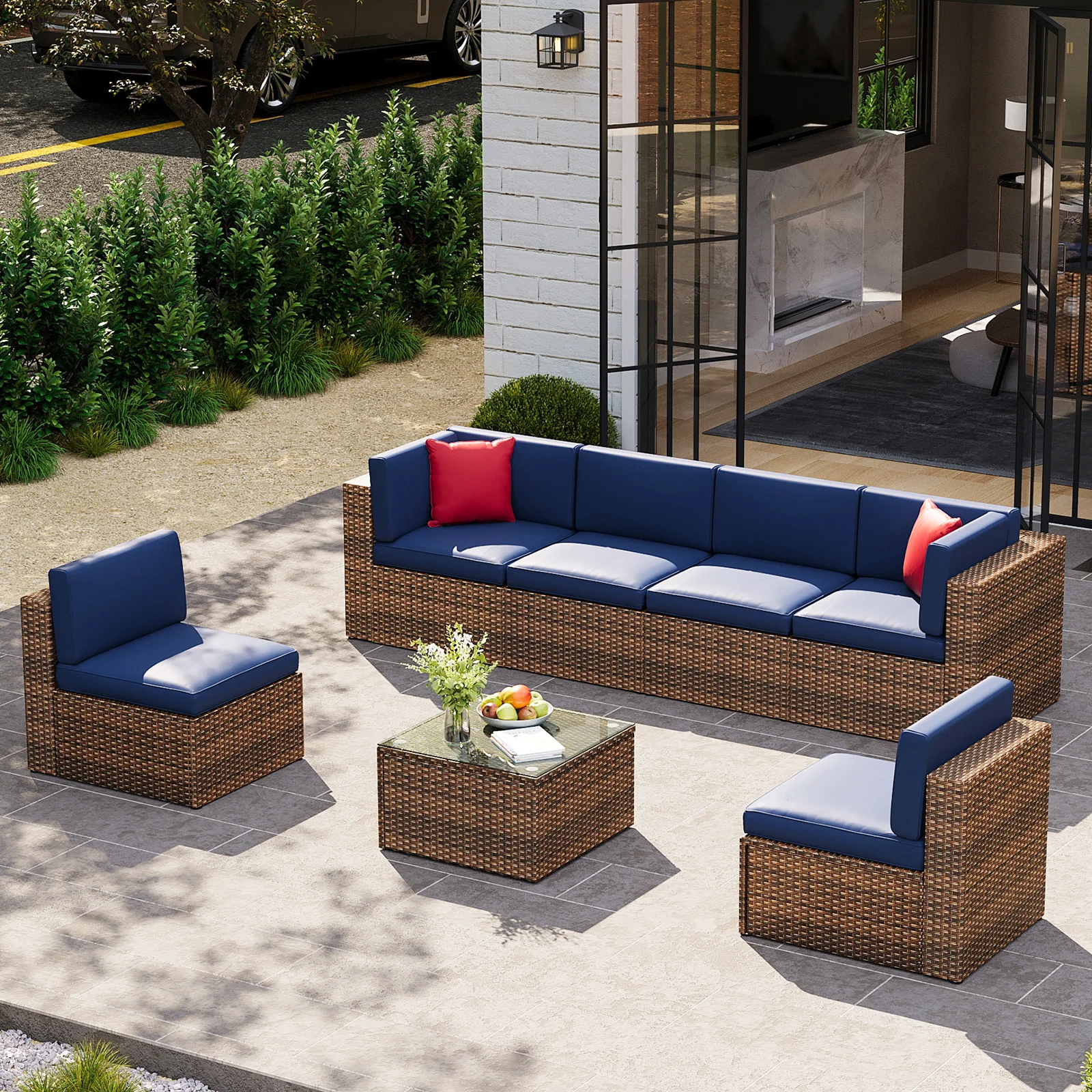 7 Pieces Wicker Patio Furniture Set with Washable Cushions & Glass Coffee Table for Garden, Poolside, Balcony,Backyard