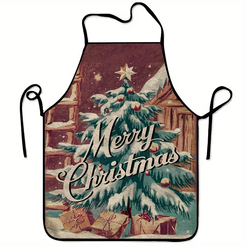 Christmas Tree Apron Burgundy Green White Golden Holiday Kitchen Apron with Snowy Tree Presents Print, Washable Bib