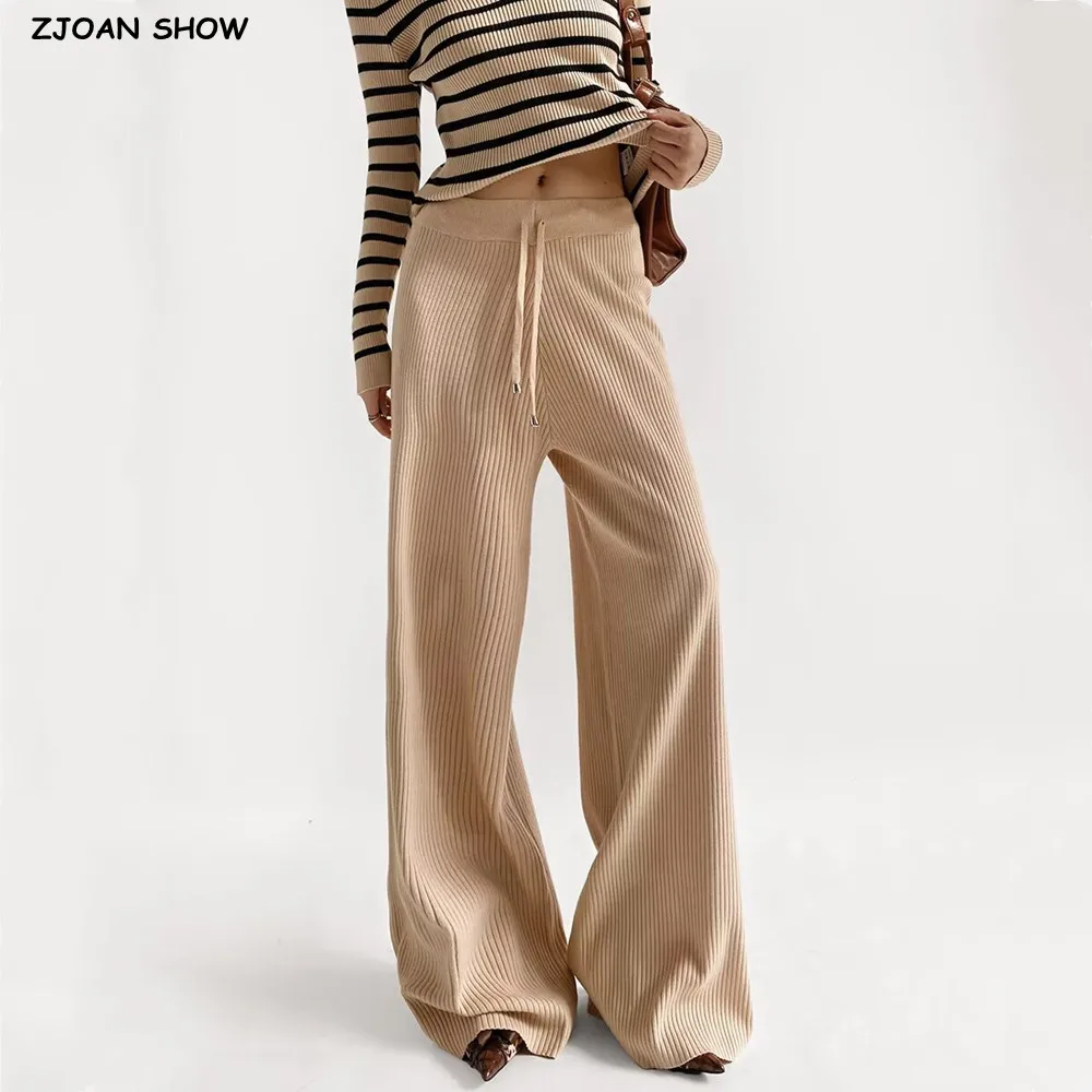 

3 цвета, 2025 г., американские ретро трикотажные широкие брюки в рубчик, женские прямые свободные брюки со шнуровкой на эластичной талии, нижняя часть цвета хаки