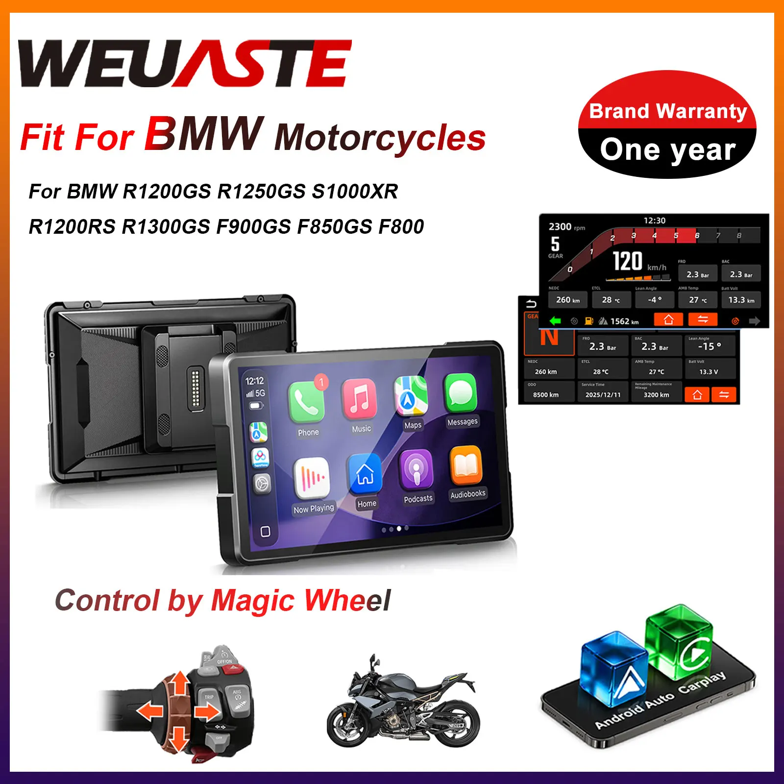 

WEUASTE 6-7inch Motorcycle CarPlay Moto Android Auto GPS Navigation Portable Digital Dashboard For BMW R1200GS R1250GS S1000XR
