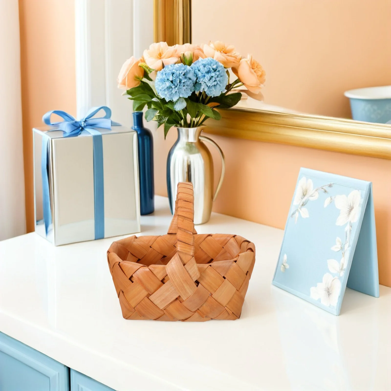4 قطعة سلال منسوجة صغيرة مع مقابض حصاد صغير لصالح حفلات الزفاف ديكور نزهة سلة التخزين رقاقة الخشب