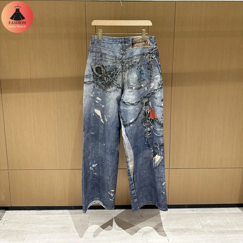 High Quality 24SS AC Style 3D Printed Chain Street Jeans Men\'s Women\'s 100% Cotton Loose Vintage Straight Trousers