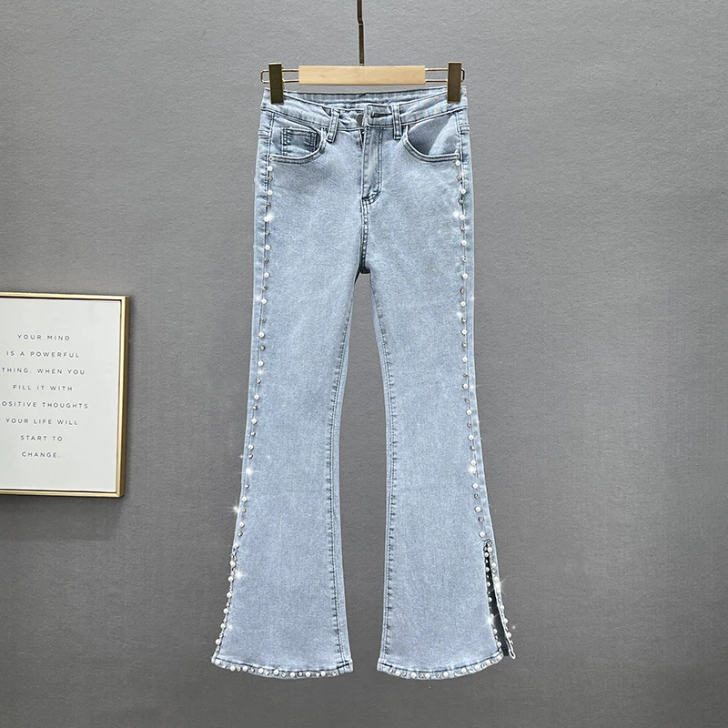 

Джинсы-клеш с высокой талией для женщин, летняя новинка, утягивающие, из хлопкового стрейч-денима, украшенные бусинами и молниями