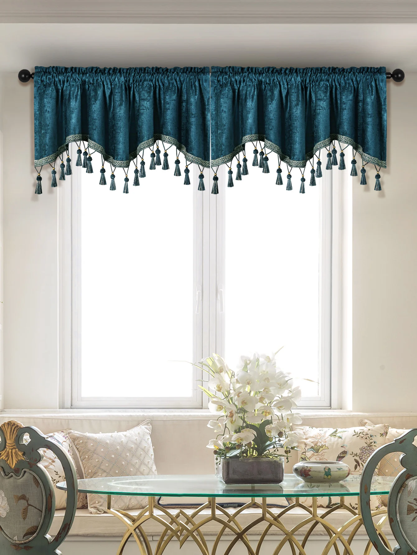 1PC Simple European Style Window Curtain Valance for Living Room，Rod Pocket，S-shaped  Valance with Tassels for Window Decor