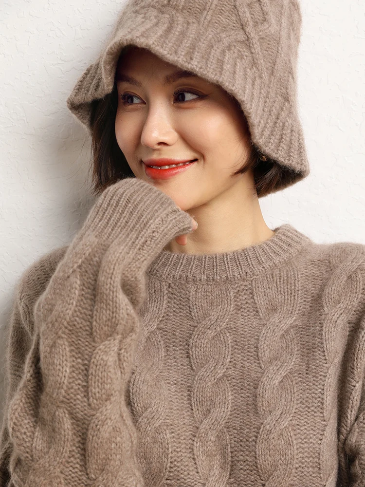 2025 シックな秋冬女性の 100% カシミヤケーブル編み漁師帽子暖かいプルオーバーキャップカジュアルスタイルカシミヤ帽子トップス