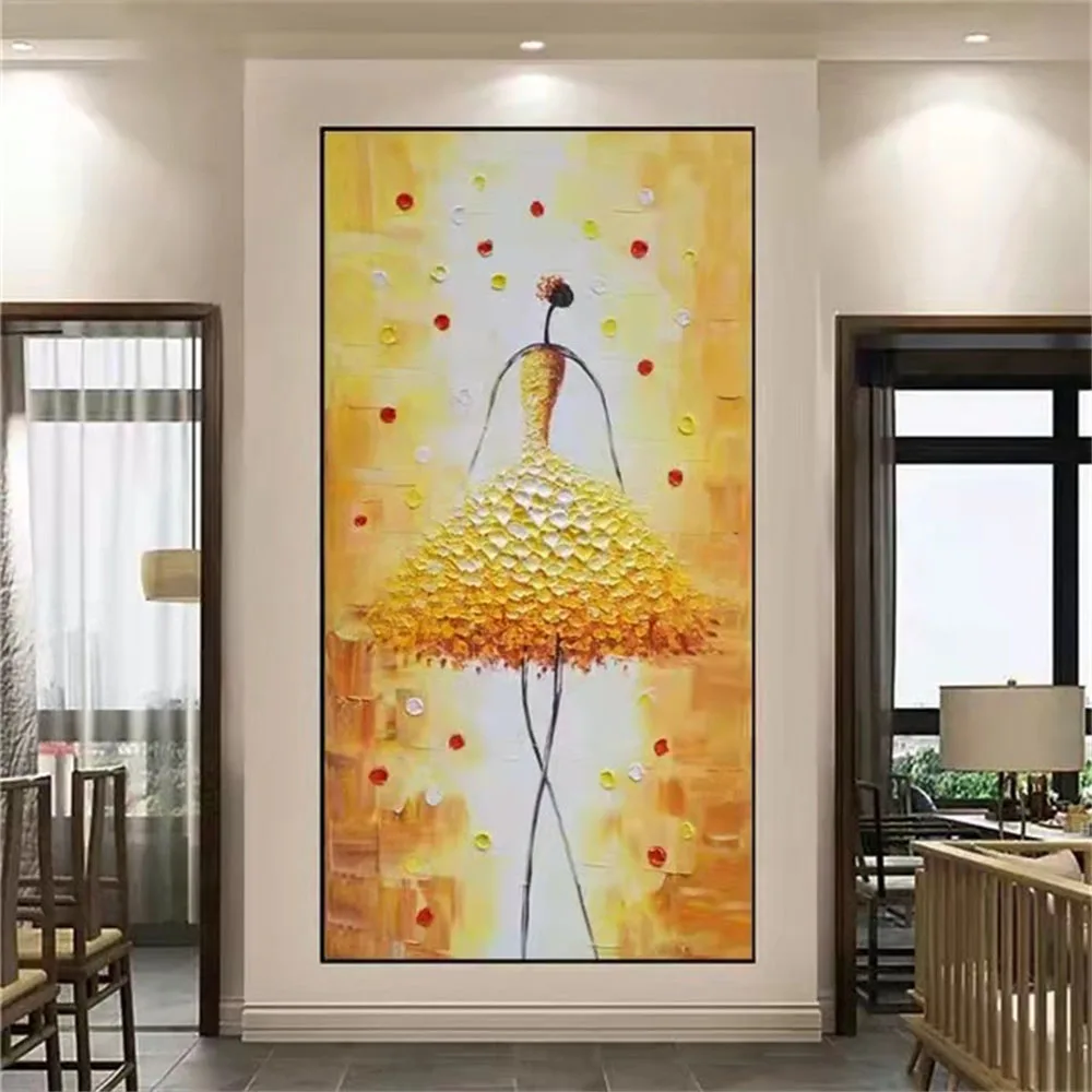 

Ballet Dancer Gold Skirt Picture Hand-Painted Abstract Thick Texture Oil Painting Canvas Wall Art Living Room Home Decoration