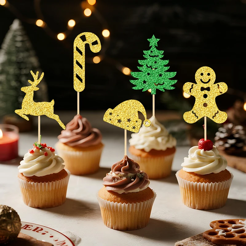 YOMDID 25 Stück Weihnachts-Cupcake-Topper, Bambus-Cupcake-Topper, glitzernder Weihnachtsbaum, Weihnachtsmütze, Zuckerstange, Hirsch, Kuchendekorationen