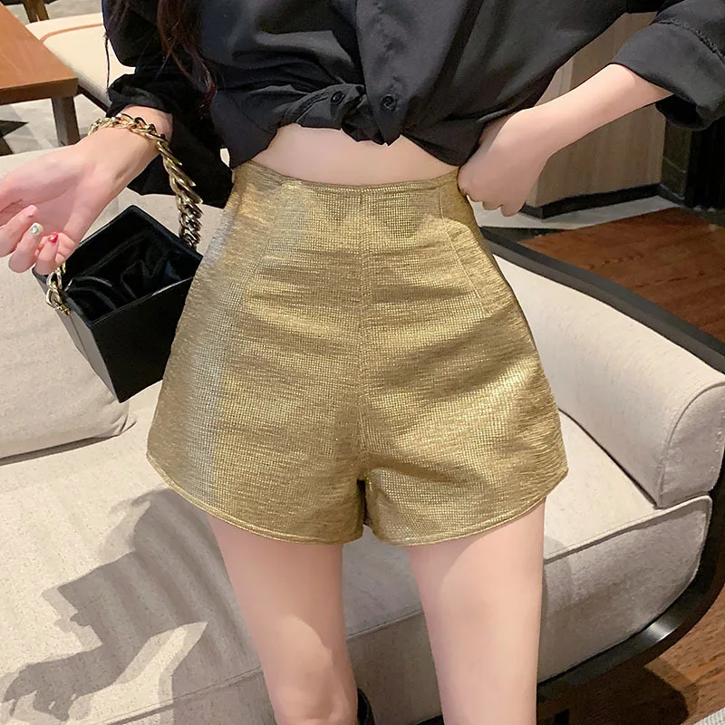 2023 Summer Y2K Gold Shorts Women New Hot Girl Glossy Coated Side Zipper Tight Short Shorts