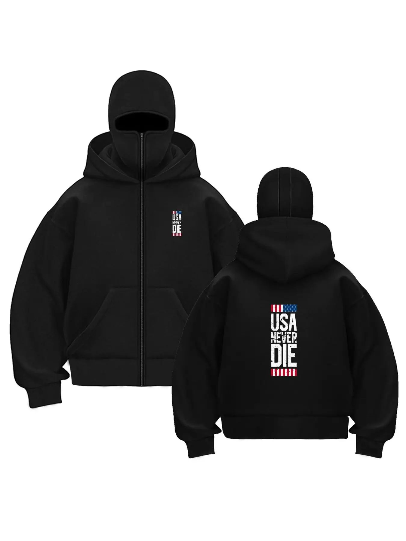 Moletom Masculino com Capuz e Zíper Balaclava EUA Nunca Morra Estampa Bandeira Americana Streetwear Preto Oversized Jaqueta Hip Hop Unissex