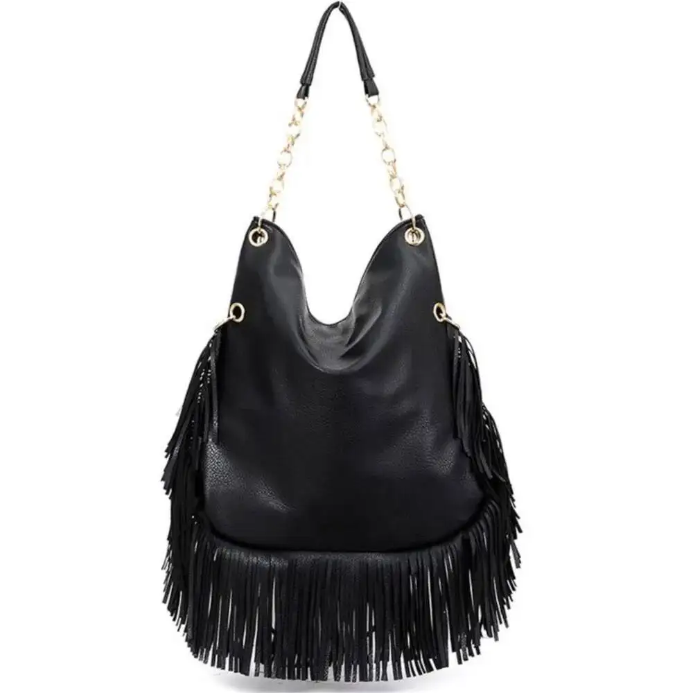 Bloom Vintage Beading Black Handbag Women Large Capacity Tassel Casual Shoulder Bags Female Retro Soft Leather Handbags Purse