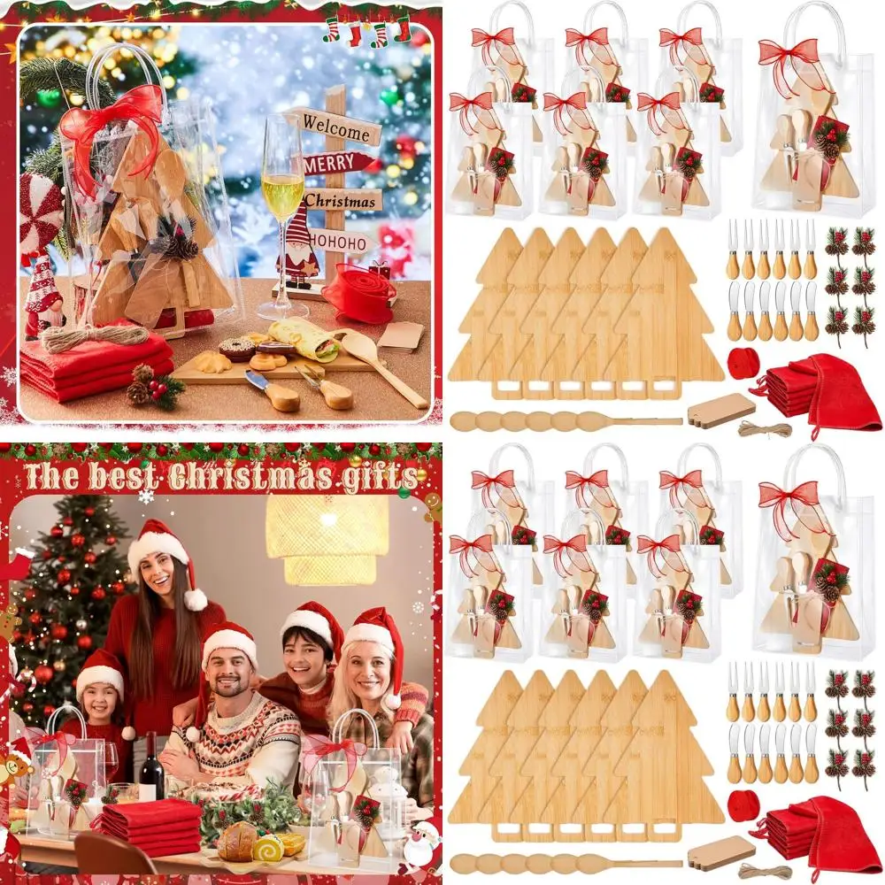 

Бамбуковый набор рождественских сырных досок со столовыми приборами, полотенцами и декоративными бирками — идеальный праздничный подарок на кухню