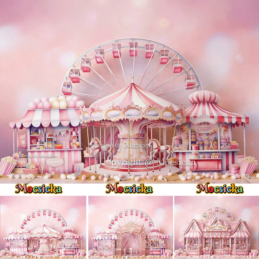 

Mocsicka Background Photography Pink Carnival Carousel Ferris Wheel 1st Birthday Cake Smash Photo Backdrop Baby Shower Studio