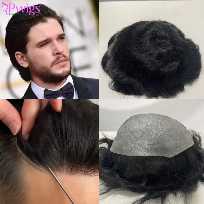 Pwigs 0.02-0.03 mm Ultra Thin Skin PU Base Men Toupee Thin Skin PU Men's Hair European Virgin Human 1B Hair System