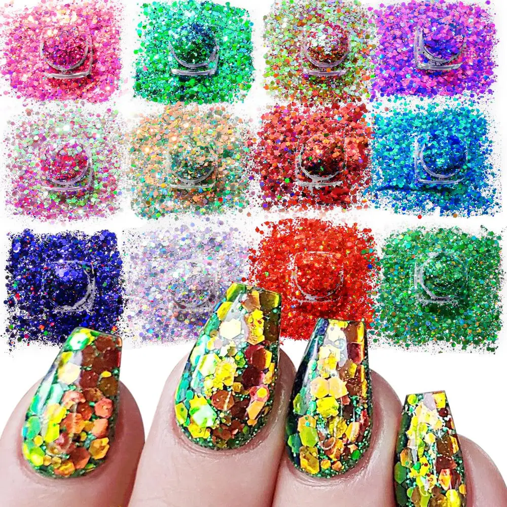 12pcs/Set Holographic Chunky Glitter Mixed Hexagon Iridescent Nail Art Flakes Laser Sparkly Sequins Resin Slices Manicure Decor*