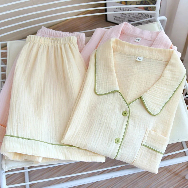 2024 New Japanese Summer Pajama Set 100% Cotton Crepe Woven Short Sleeve Shorts Ladies Thin Cardigan Home Furnishing Sleepwear