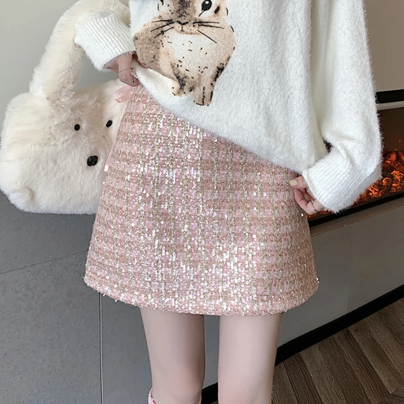 

Autumn Winter Elegant Mini Skirt Women Sparkling Sequins Skirts Plaid Tweed Short Skirts Female Sexy Wrap Hip Mujer Faldas