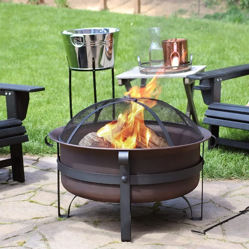 29-Inch Bronze Cauldron Wood-Burning Fire Pit Bowl - Includes Portable Poker and Spark Screen