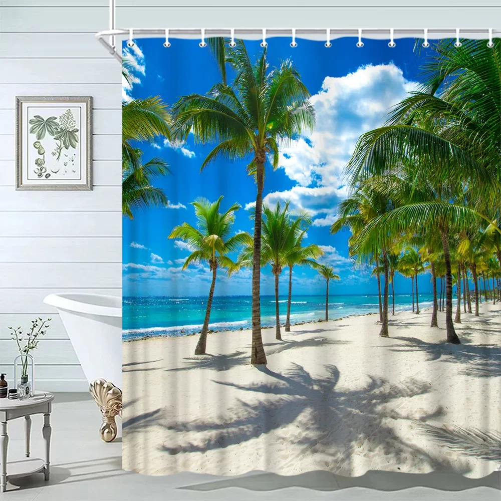 

Starfish Beach Shower Curtain Shells Rustic Wooden Planks Palm Trees Natural Landscape Printed Shower Curtains Bathroom Decor