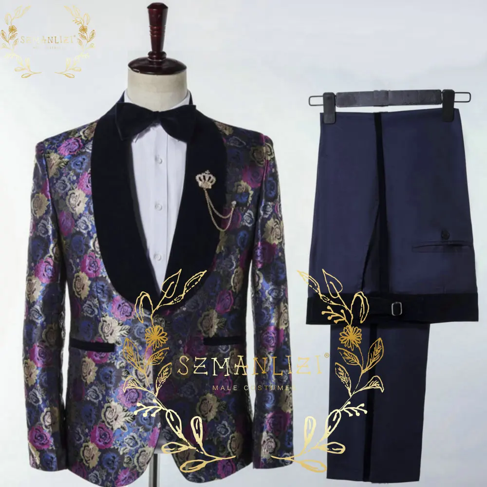 

SZMANLIZI Fashion One Button Navy Blue Floral Men Suits 2 Pieces Costume Homme Groom Wedding Tuxedo Terno Masculino Blazer Pants