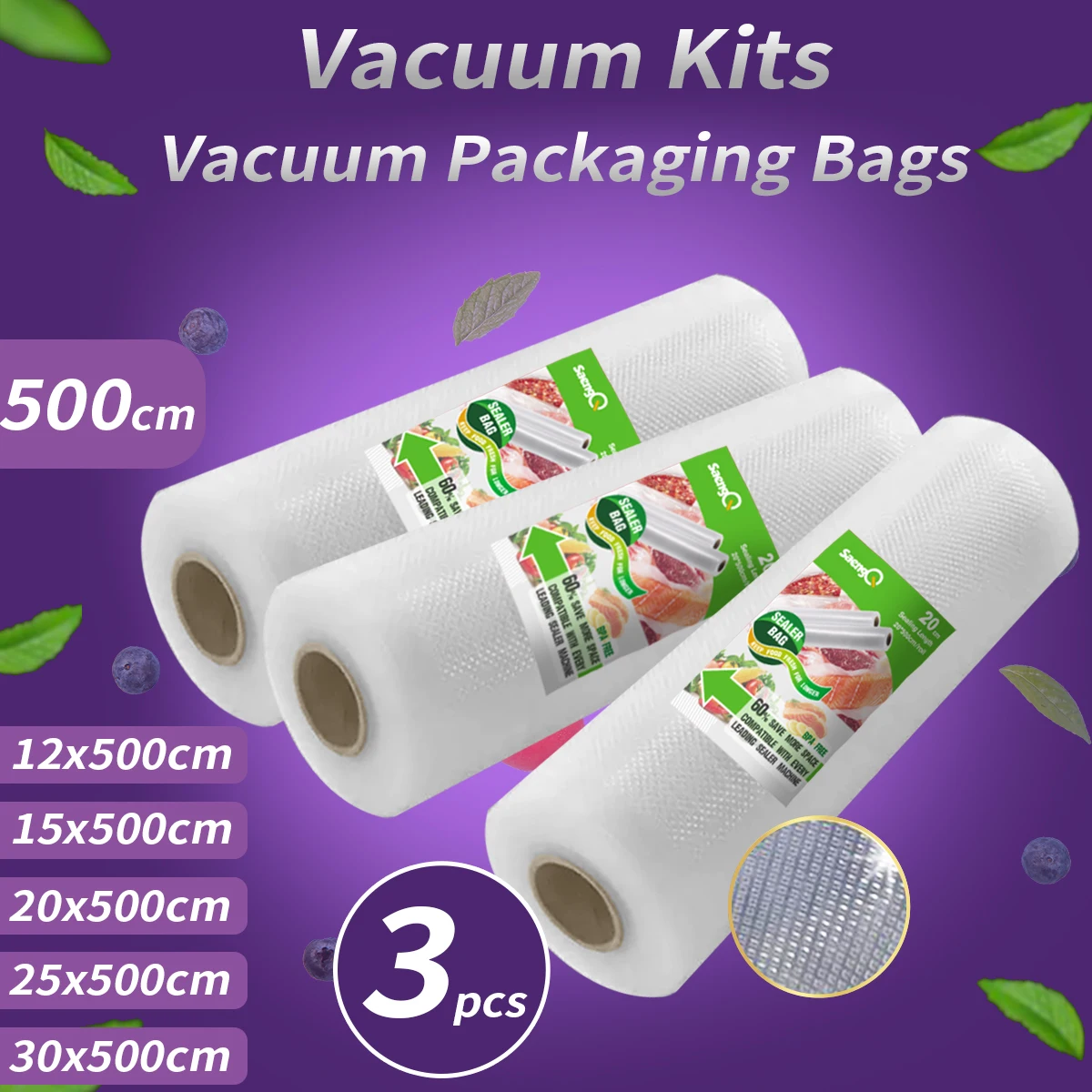 3 Rolls of 500cm Long Textured Roll Bags, Vacuum Compression Bags, Food Vacuum Packaging Roll Bags, 3 Packs