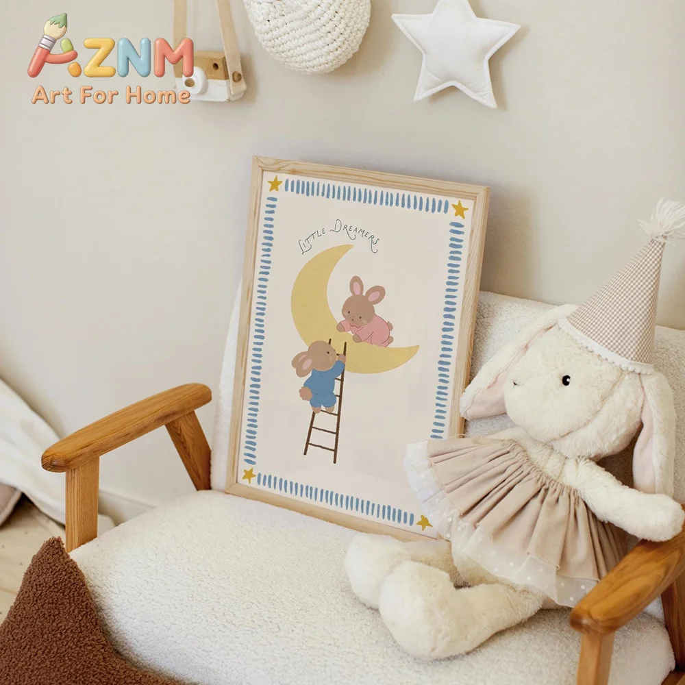 Space Nursery Print Lion Bear Bunny Wall Art Rocket Nursery Decor Baby Boy Room Poster Moon Stars Kids Room Canvas Painting