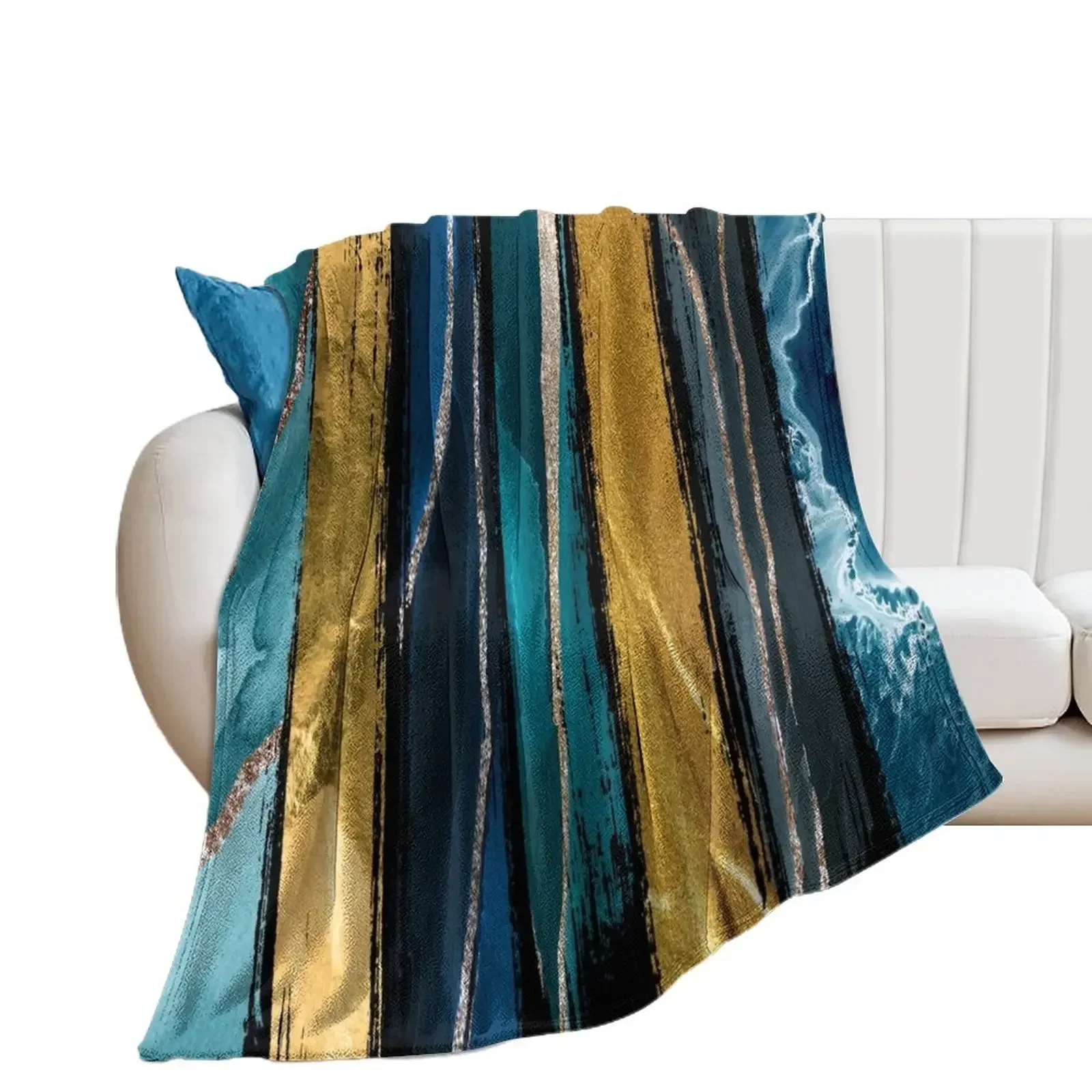 

Abstract Vertical Brushstroke Teal and Gold Throw Blanket Luxury Designer for winter Luxury Throw Hairy Blankets