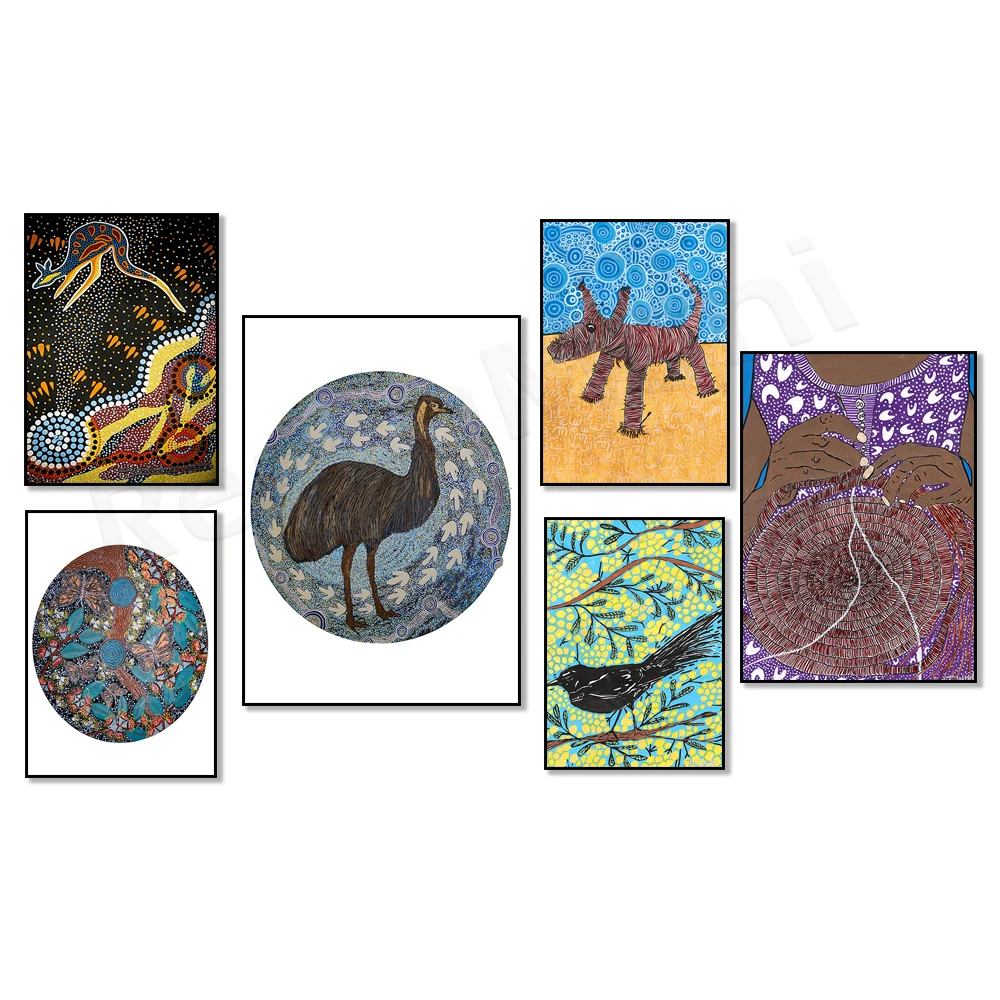 Aboriginal art posters, birds, flowers, dog prints, Aboriginal art - symbols and magic - kangaroos, Australian home decor