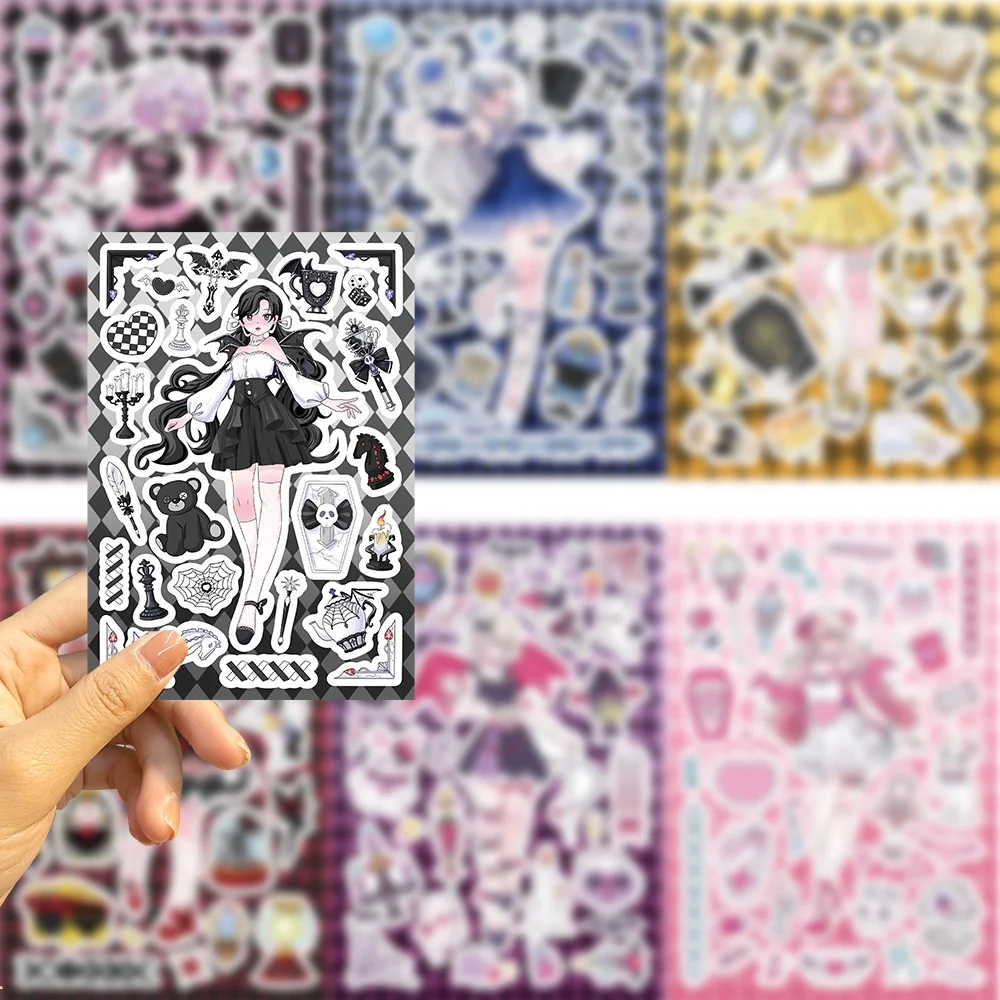 8 hojas de pegatinas originales de la colección «Devil Girl Guka», un accesorio moderno para decorar cascos, bicicletas y artículos de papelería. Tienda de pegatinas Peel Joy.