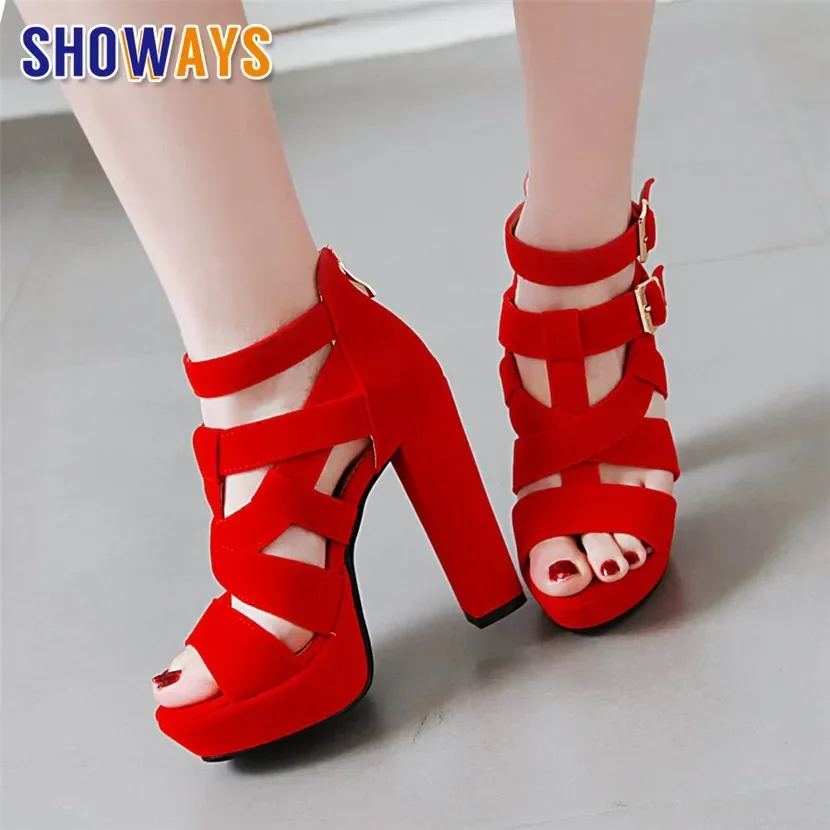 Black Red Flock Women Platform Sandals High Chunky Heel Sexy Club Party Office Ladies Summer Buckle Strap Zipper Gladiator Shoes