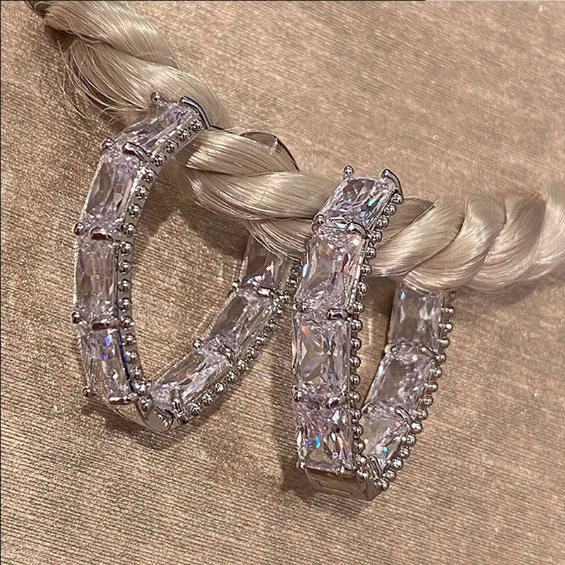 925 فضة فاخر هندسي زركونيا هوب أقراط أنثى موضة حفل زفاف مجوهرات رائع مجوهرات للنساء #3