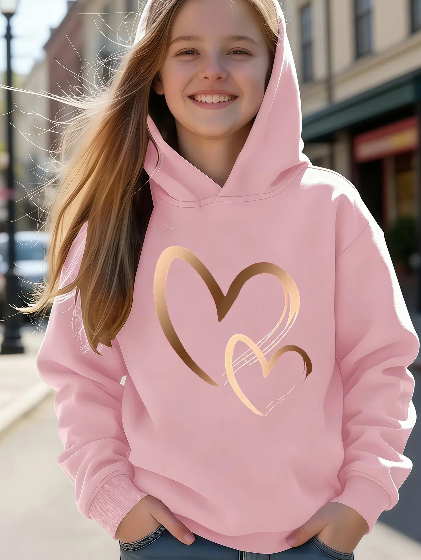 Kids Boys Girls Double Heart Graphic Hoodie Pink Printed Love Heart Sweatshirt School Clothes Birthday Present Autumn Tops