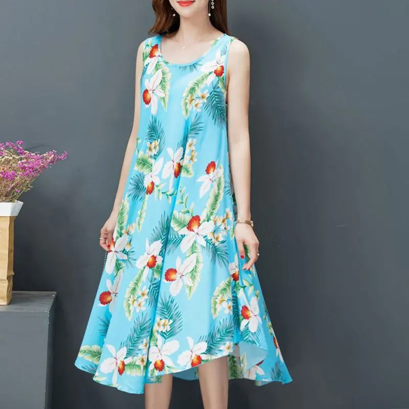 Beach Style Folk Floral Printed Sundress Women\'s Clothing Vintage Loose A-Line Summer Sleeveless Casual Round Neck Midi Dress