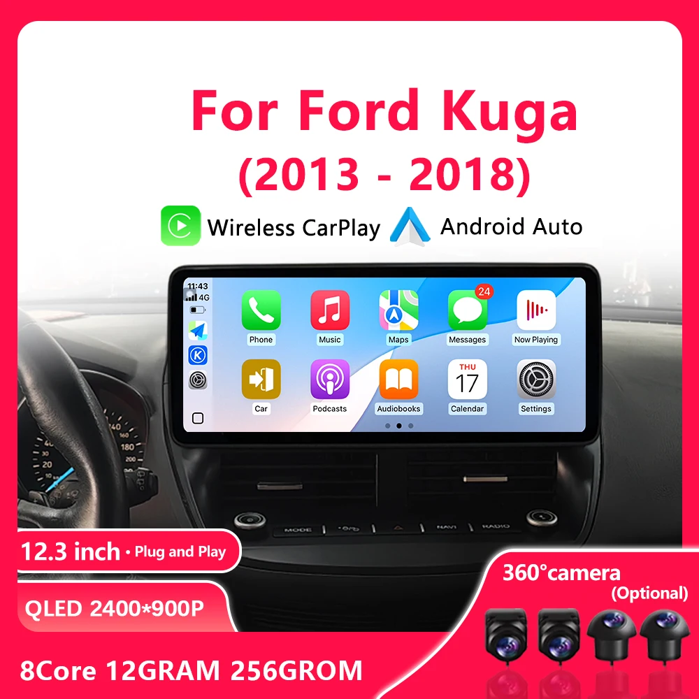 12,3-Zoll Wireless CarPlay Android für Ford Kuga 2013-2018 Linkslenker Auto-Video-Multimedia GPS-Navigation 4G WIFI DSP Auto