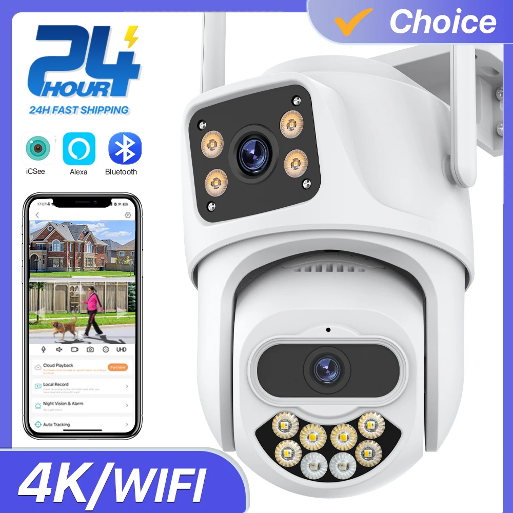 4K PTZ WiFi Camera Outdoor 2-Lens 2- Screen 2K IP Camera Wireless Auto Tracking CCTV Video Surveillance Camera iCsee APP