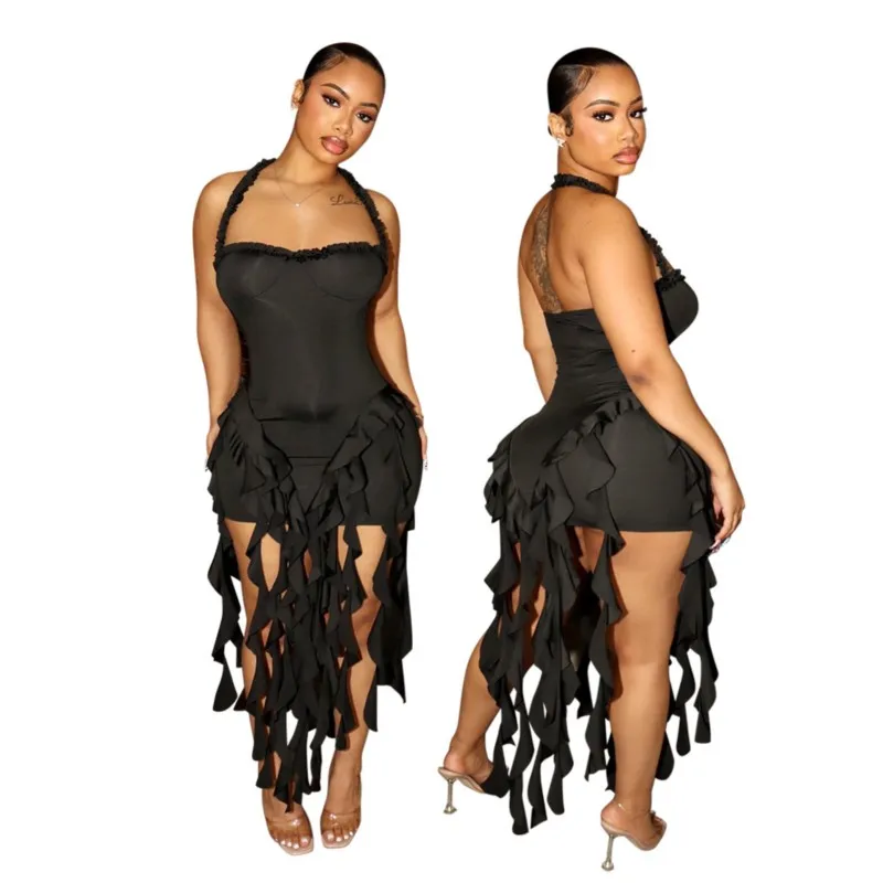 فساتين فستان سهرة 2025 امرأة فيستدوس أسلوب بسيط Bodycon مطوي شرابة الرسن الرقبة الساخن فتاة نمط بلا أكمام مزاجه