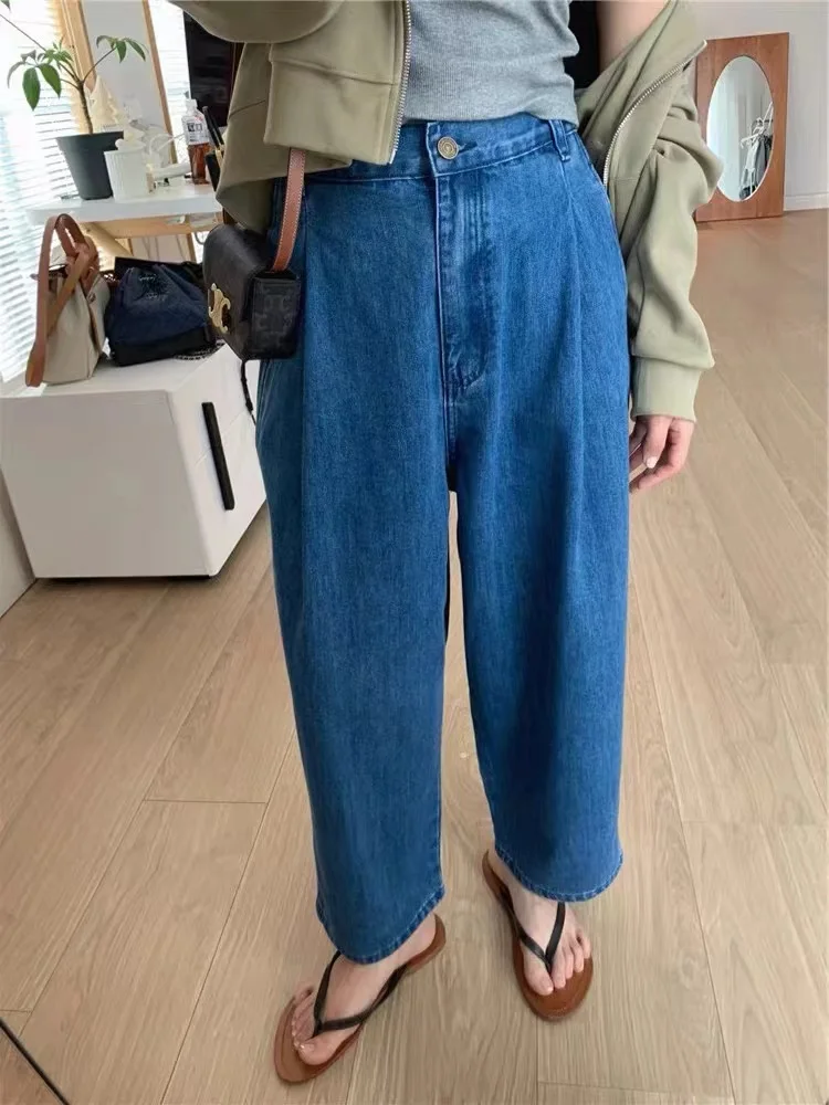 plus Size Women's Vintage Denim Wide Leg Spring High Waist Loose Slimming Meat Covering Nine Point Pants 200 Pounds