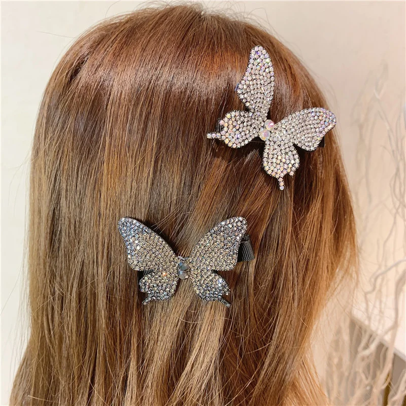 2pcs/set Flashing Diamond Hair Clips Hairpin Side Clip Rhinestone Butterfly Bangs Clip Side Clip Girl Hair Accessories Headdress